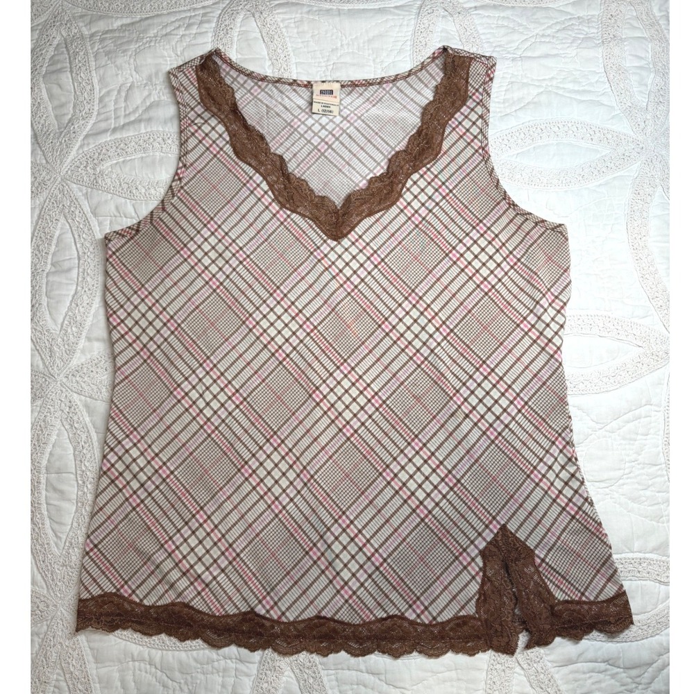 Y2K Faded Glory Cottagecore Coquette Camisole Brown Pink Plaid Lace Trim Large